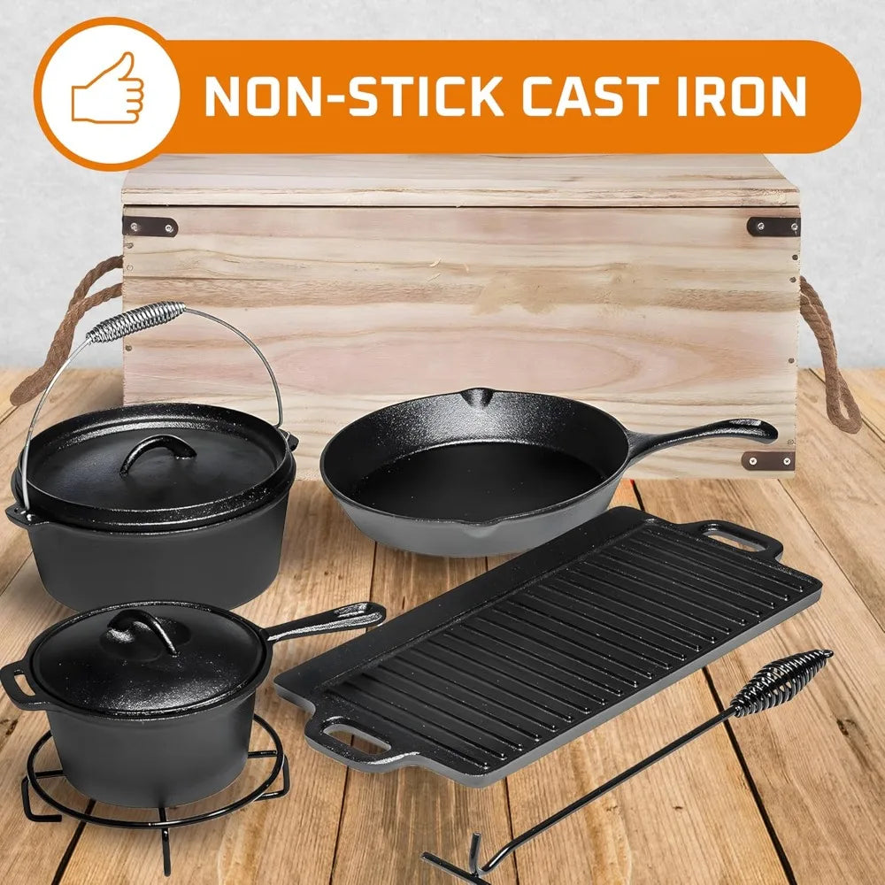 Camping Cook Set of 7 Pre-Seasoned Cast Iron Pots Pans Dutch Oven with Lids Outdoor Campfire Grill Skillet Set with Storage Box