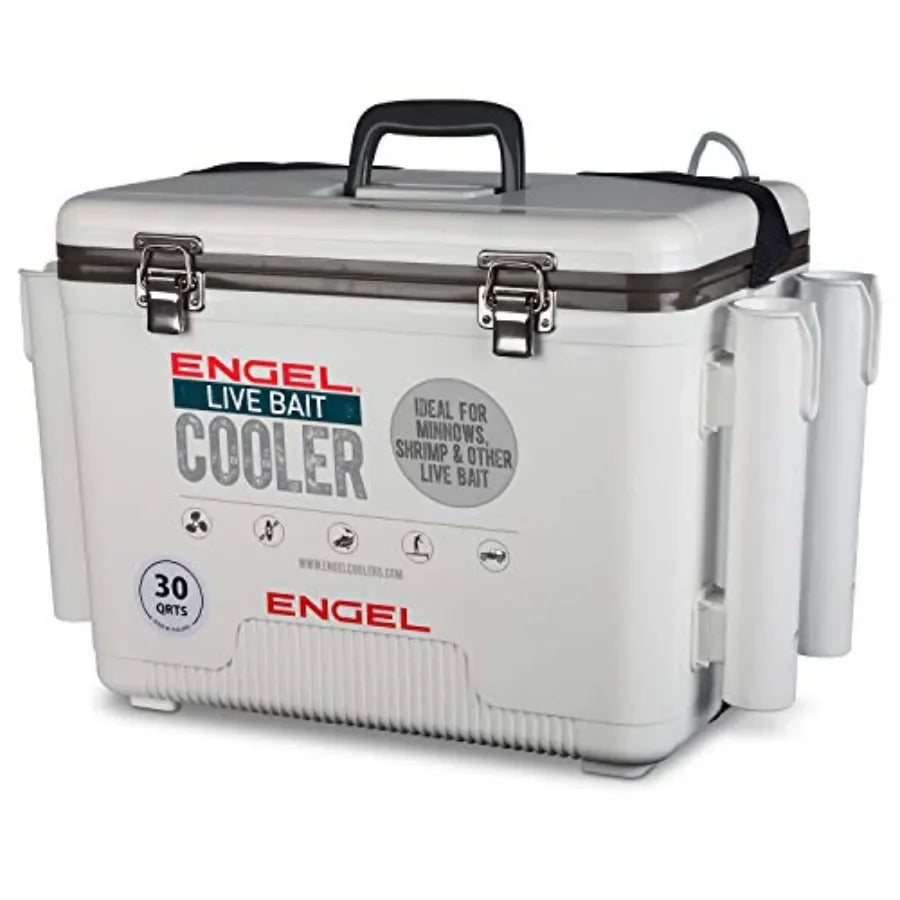 Fishing bait station: 30qt white live bait cooler box with 2nd gen 2-speed aerator pump and 4 rod holders, polyethylene, white,