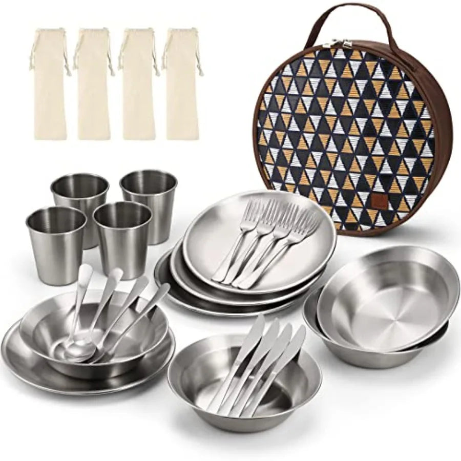 Stainless Steel Camping Mess Kit for Family and Person, Cooking Tableware Utensils with Plates Bowls Forks Spoons Knives and Sa