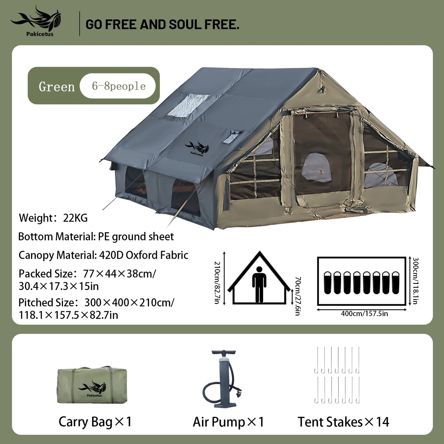 PAKICETUS Upgraded Inflatable Tent, Hunting Visualization Tent, No Assembly Glamping House, With Air Pump, Tear-proof Zipper, 5-8 Person All Season Outdoor Camping Shelter