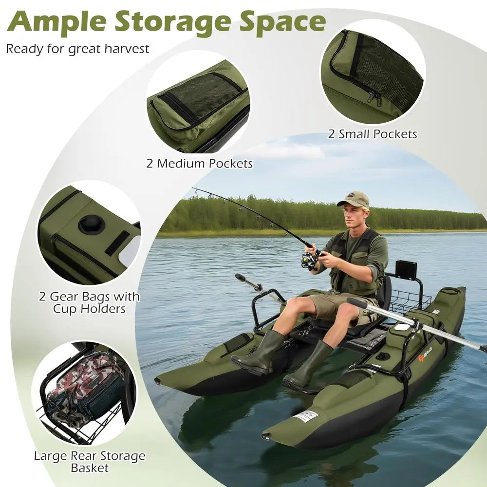 Inflatable Fishing Float Tube, Pontoon Boat w Foldable Padded Seat, Adjustable Footrest, Pump, Paddles, Fish Ruler, Storage Bas
