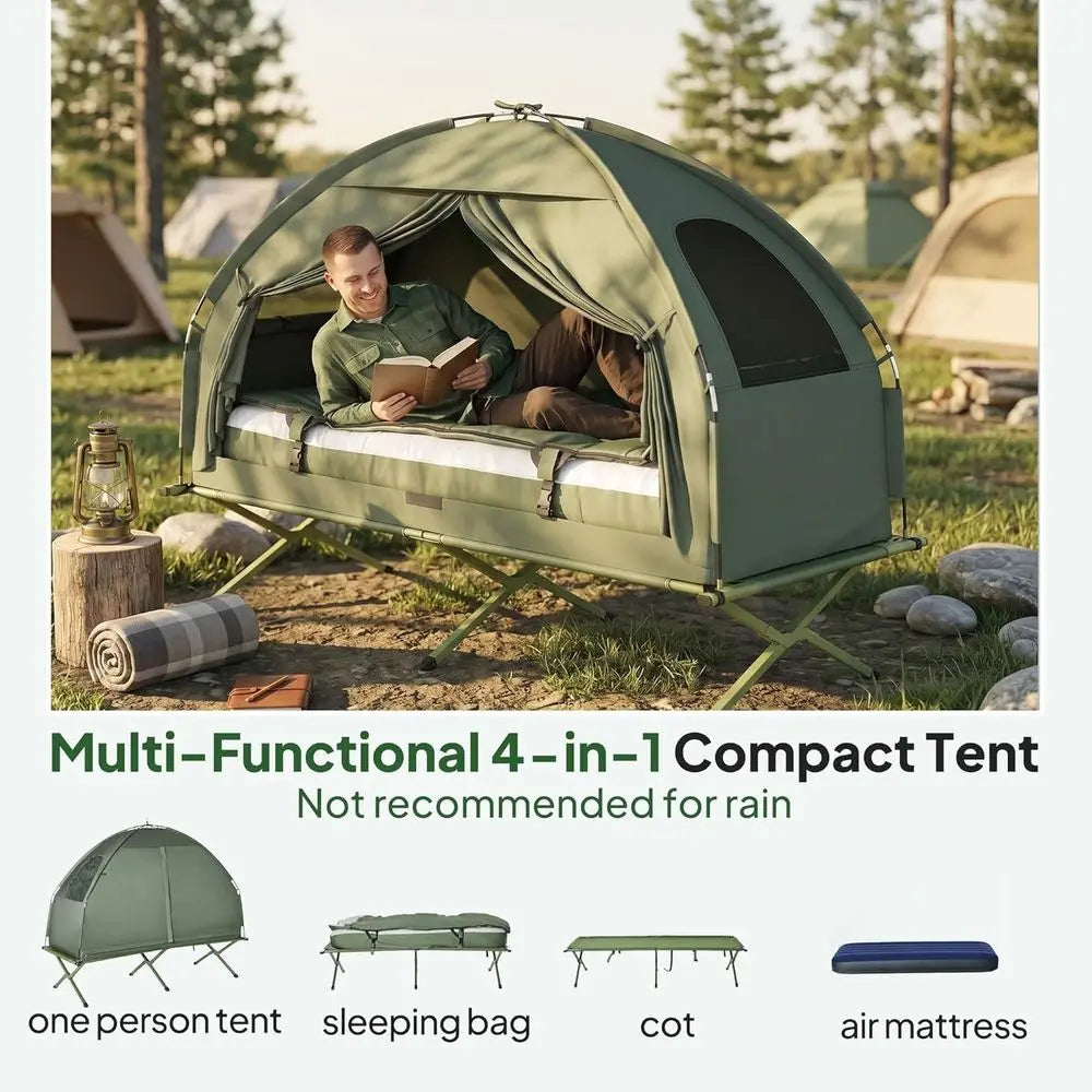 Camping Tent Cot, 6-in-1 olding Tent Cot Combo with Mattr, Pillow, Sleng Bag, Bed Cover, Roller Carrying Bag, O Ground Travel Ca