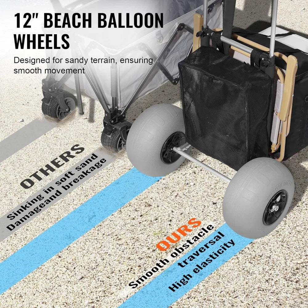 Heavy Duty Folding Beach Cart with Big Balloon Wheels, Adjustable Height, 165LBS Capacity for Sand and Outdoor Use