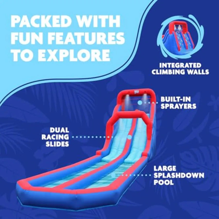 Dual Splash Inflatable Water Racing Slide Park for Outdoor Use Heavy-Duty PVC Material Blue and Yellow Design Quick Setup with