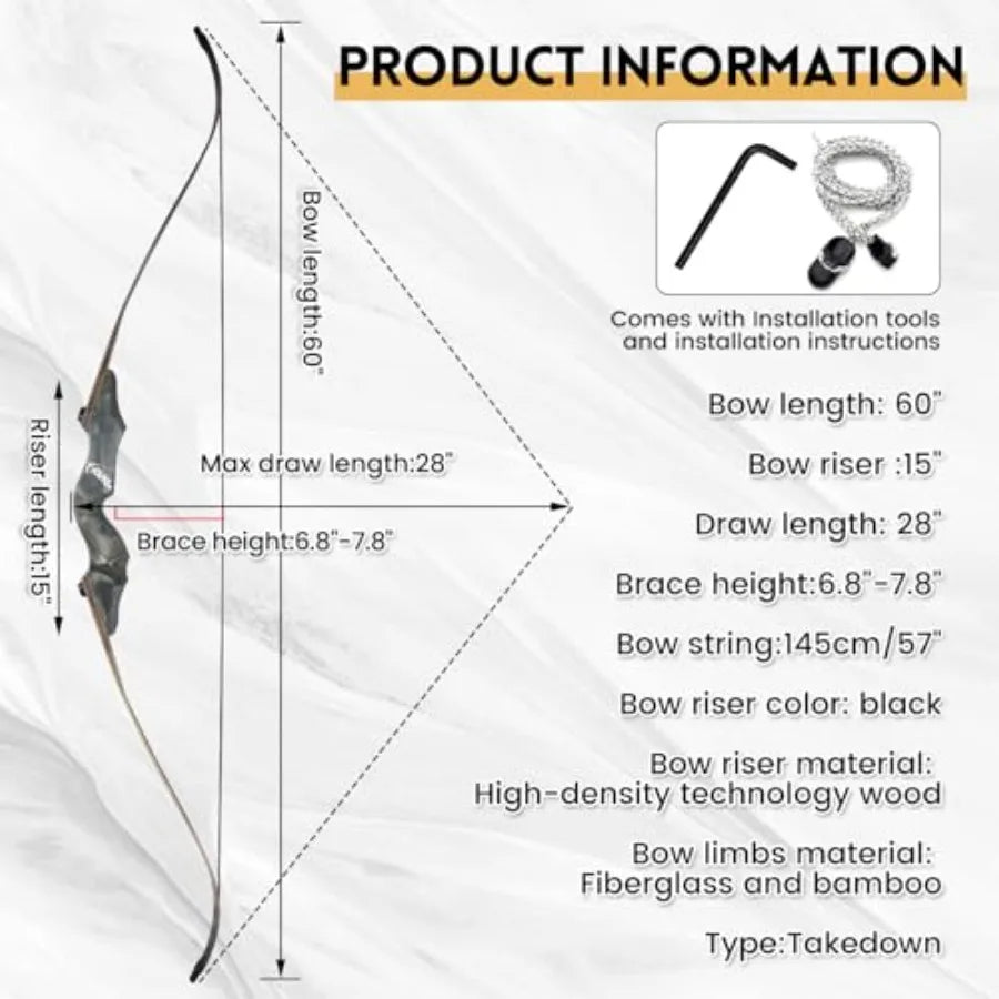 60 Inch Black Hunter Recurve Bow 20-60lbs Left Handed Takedown Bow Hunting Bow and Arrow Set with Arrow Quiver Archery Kit for