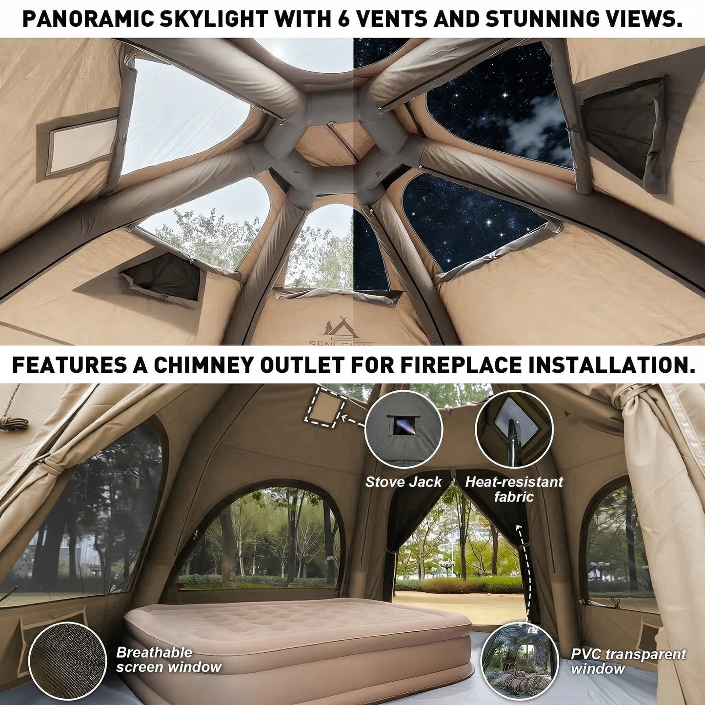 SENLEETO Inflatable Tent Glamping Dome Tent 420D Oxford Large Family Camping Tent with Rainfly Extension All Around View Luxury Outdoor House Tent
