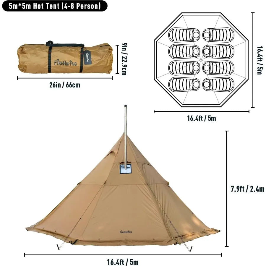 Camping Hot Tent 4-8 Person Tipi Tent with Stove Jack for Bushcraft Cooking and Heating in Remote Wilderness Environments Ideal