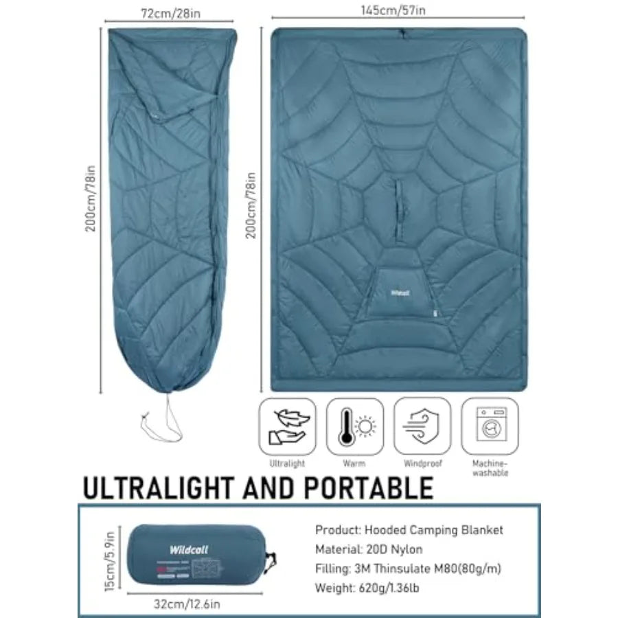 Hooded Camping Blanket with 3M Thinsulate Insulation Wearable Poncho Blanket Ultralight Foldable Quilt Sleeping Bag for Outdoor