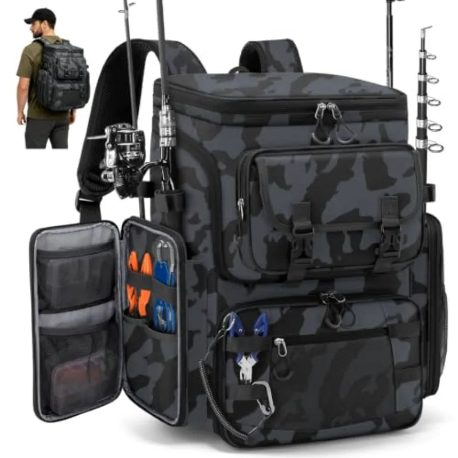 Fishing Backpack, 45L Large Fishing Bag with 4 Rod Holders and Insulated Cooler Professional Fishing Tackle Backpack with Rain