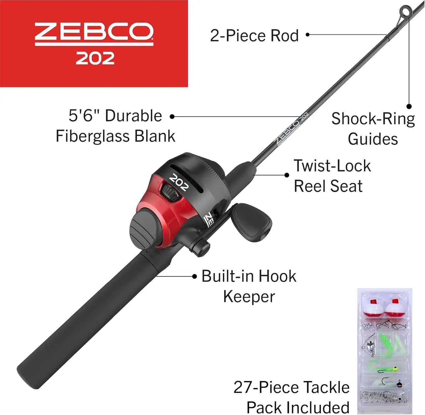 Easy-to-Use Spincast Fishing Rod and Reel Combo, Pre-Spooled with 10-Pound Line, Includes 27-Piece Tackle Kit