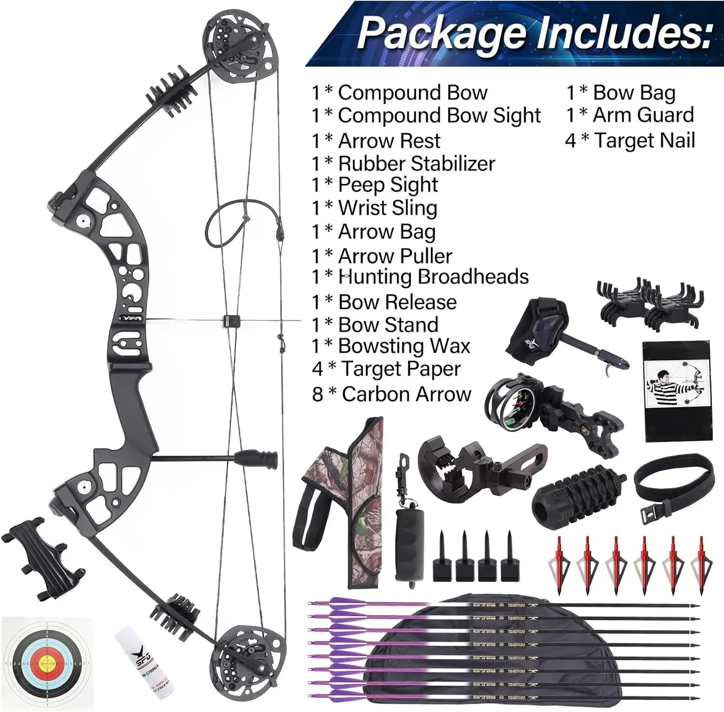 Compound Bow Set 30-60lbs for for Pull Beginner and Teens Right Handed,19"-30" Draw Length,320 FPS Speed,Hunting Bow Archery Set