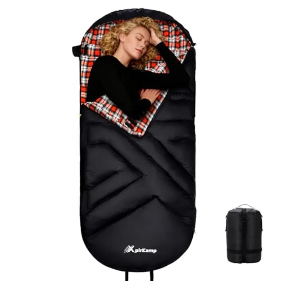 Cotton Flannel Sleeping Bag for Adults, 4 Season Extra Wide BigandTall XXL Portable Sleeping Bags for Warm Cold Weather Winter,