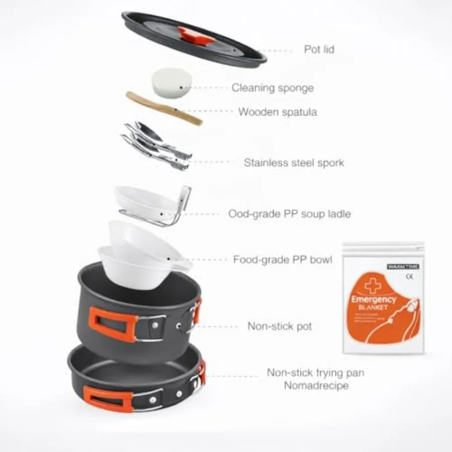 Voyage Living 12 PCS Lightweight Camping Cookware Set Non-Stick Pots, Pans and Utensils for Backpacking, Hiking Compact Mess Ki