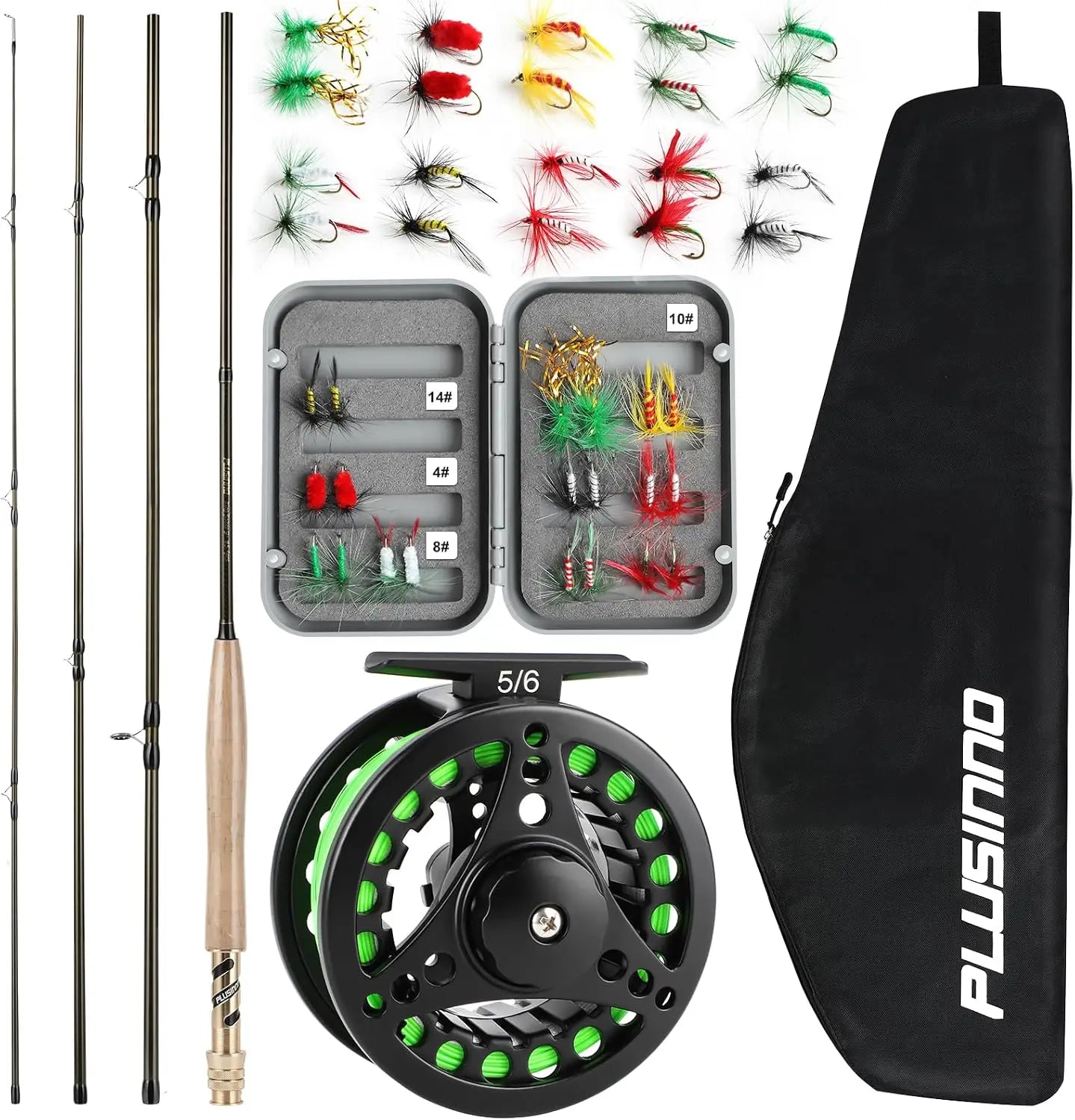 Complete Fly Fishing Rod & Reel Combo, 5/6 Weight 4-Piece Graphite Starter Kit with Carrier Bag