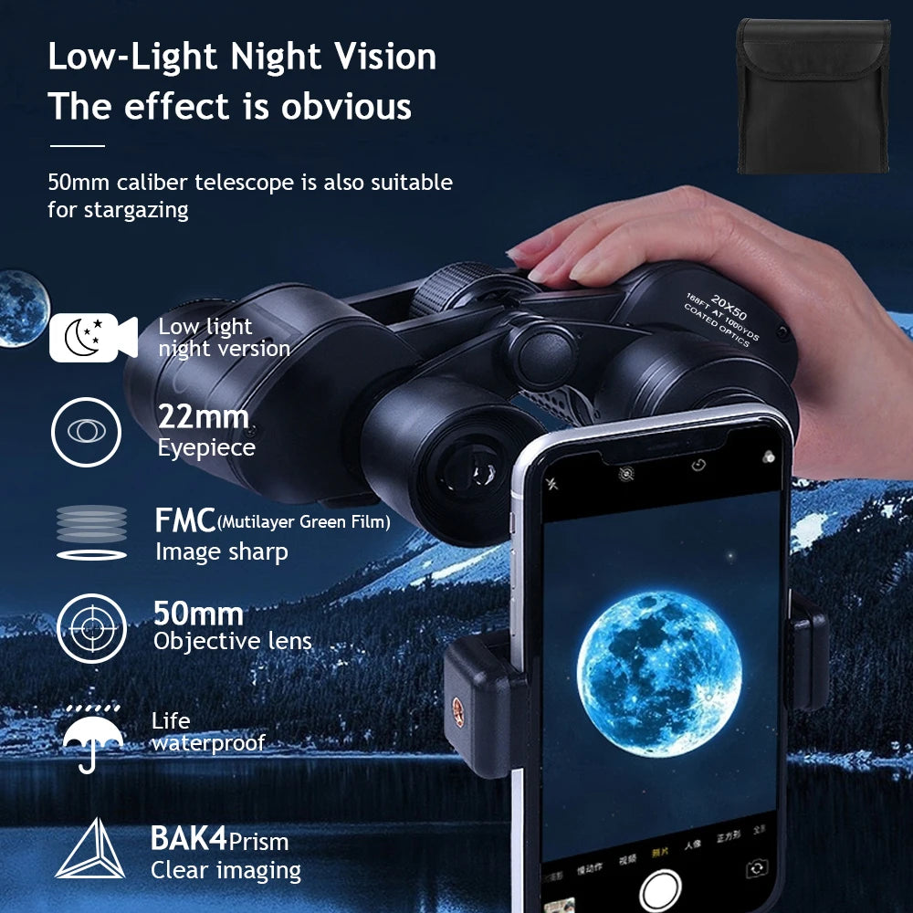 20X50 HD Binoculars BAK4 Prism FMC Green Film Low Light Night Vision Waterproof Portable Telescope with Tripod Interface for Bird Watching Hunting Stargazing Travel