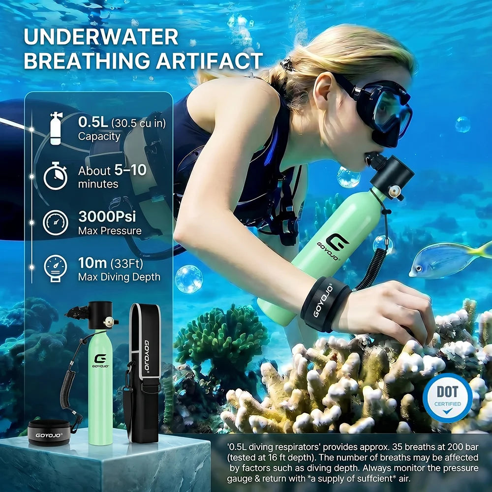 GOYOJO Mini Scuba Tank 0.5L Portable Small Diving Tank for Underwater Breathing Reusable Diving Cylinder Lung Air Tank for Emergency Rescue Boat Cleaning Backup Air Source Pony Bottle