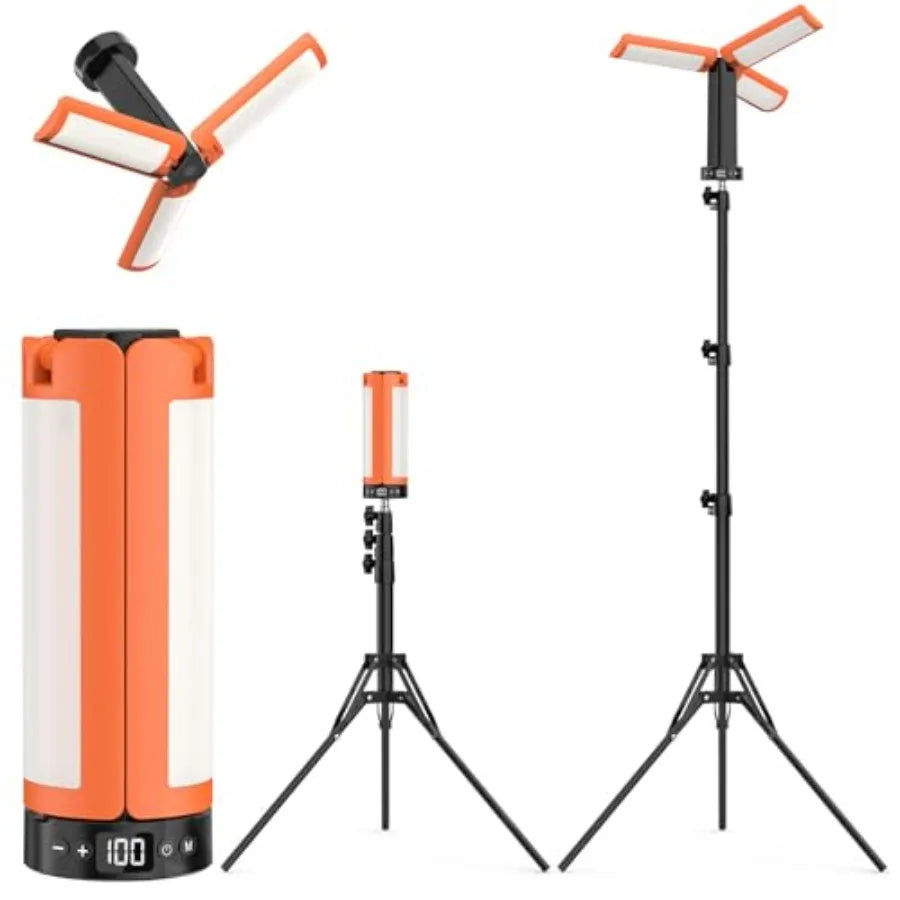 Camping Lights with Stand 12000mAh Rechargeable Work Light Max Height 75" Telescoping Portable Outdoor Lights with 3 LED Lamp H