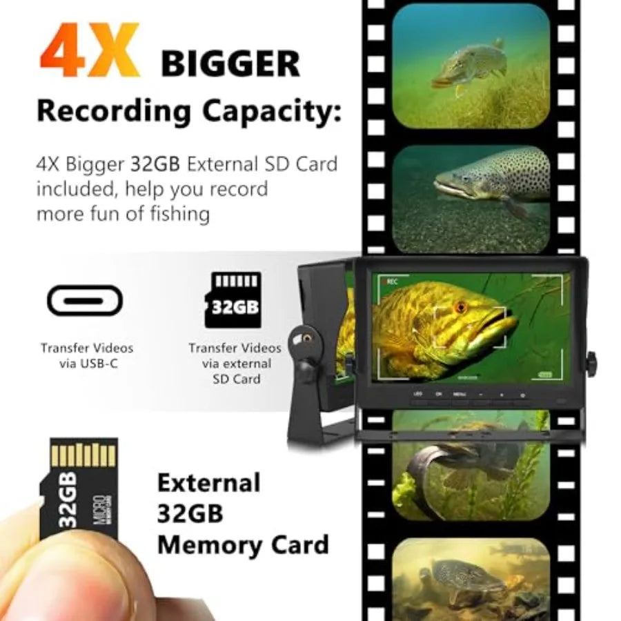 Underwater Fishing Camera for Ice Fishing: 7'' Display, 1200TVL, Black Housing with IR/LED Lights, Portable Fish Finder with Br