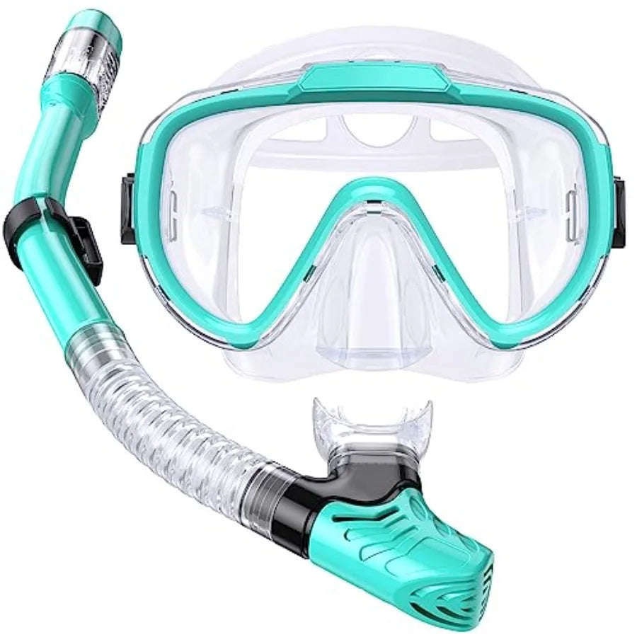 Snorkel Set, Anti-Fog Panoramic Tempered Glass Snorkel mask, Anti-Leak Scuba Diving Mask with Mesh Bag, Dry Top Snorkeling Gear