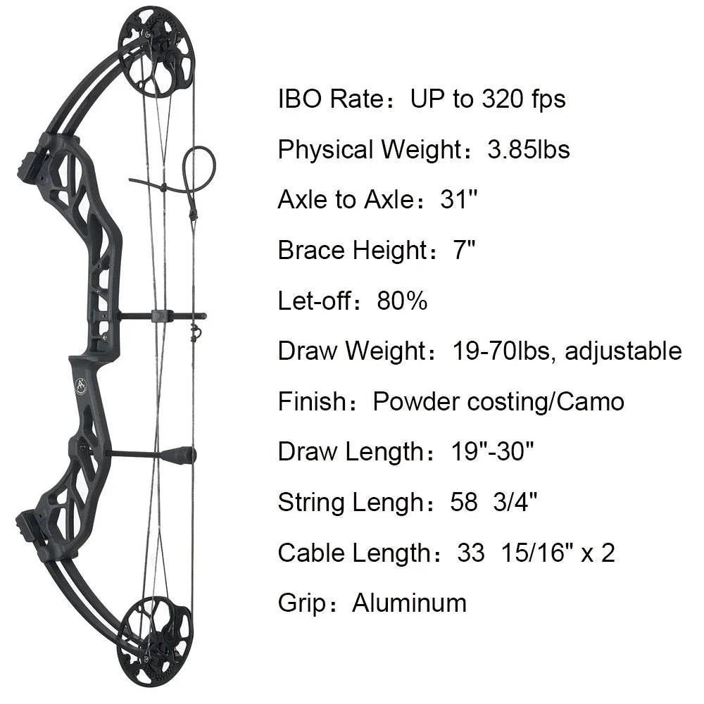 Archery Compound Bow 19-70lbs 80% Let Off Aluminum Handle 320fps IBO Outdoor Hunting Shooting Professional Bow Accessories
