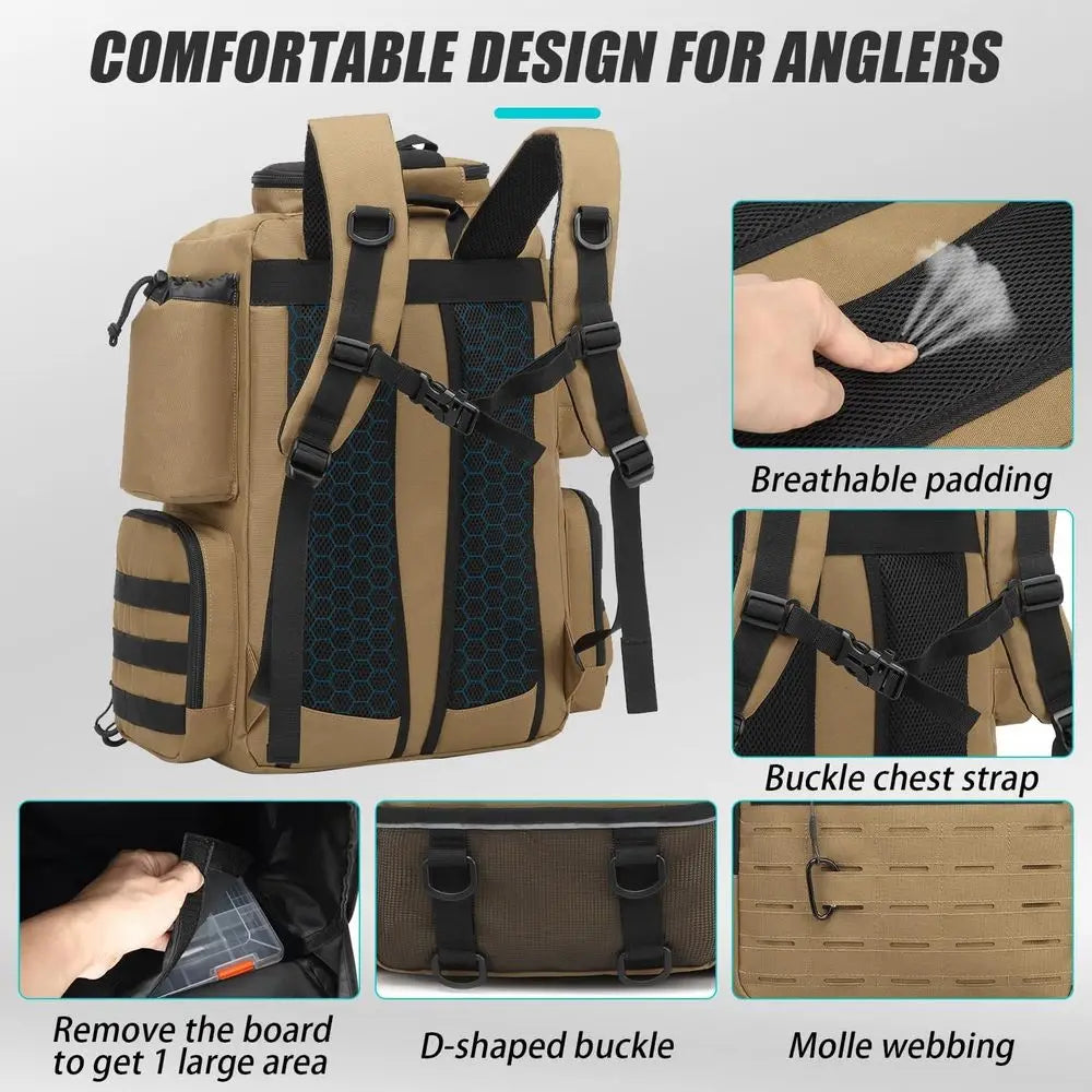 Large 50L Insulated Fishing Backpack with Tackle Boxes, Rod Holders, and Bottle Holders, Durable Brown Storage for Gear