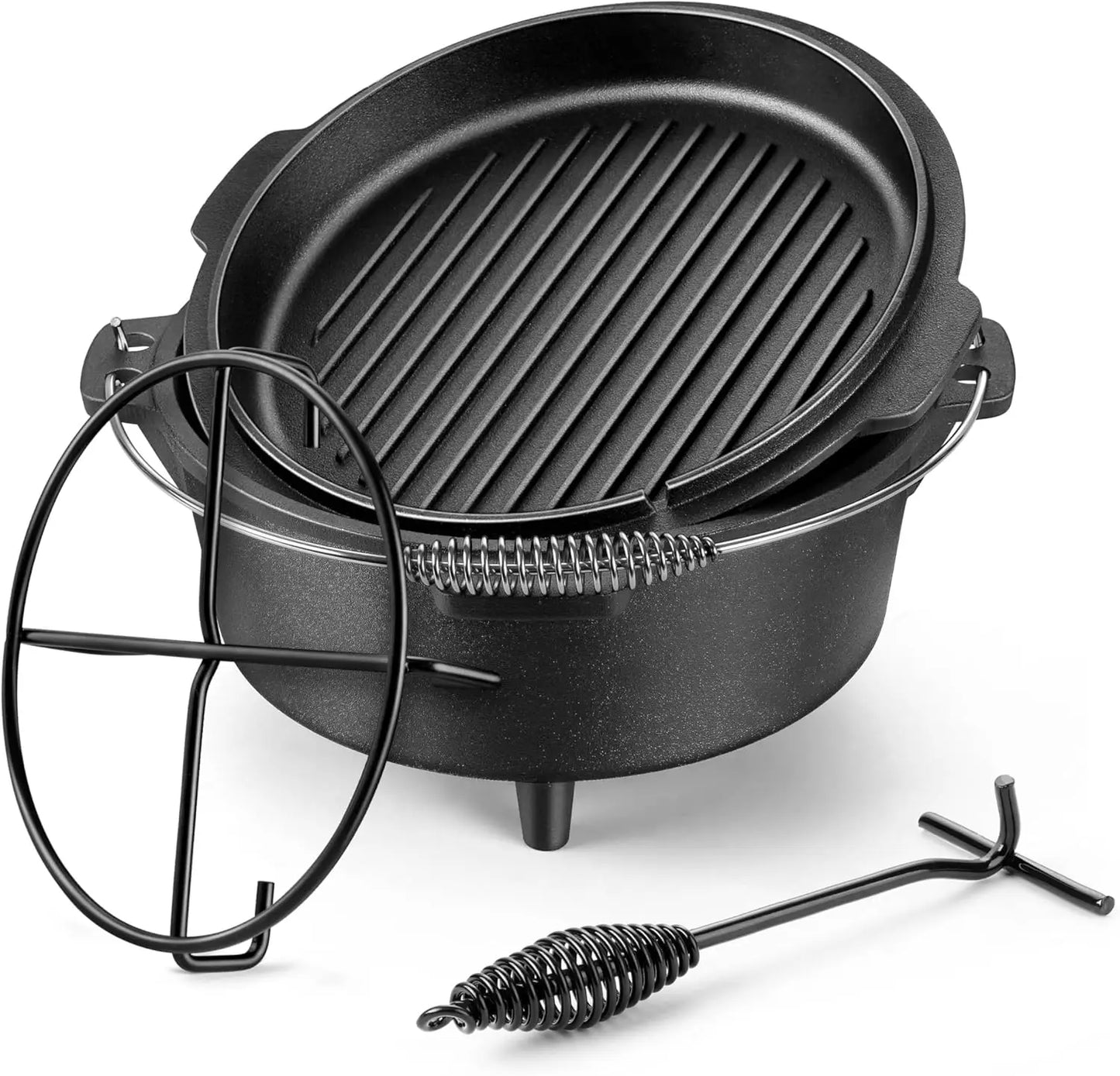 Cast Iron Dutch Oven 7 QT, Pre-Seasoned 2-in-1 Deep Pot & Lid Skillet Pan for Camping Baking, Heavy Duty with Bracket and Lid