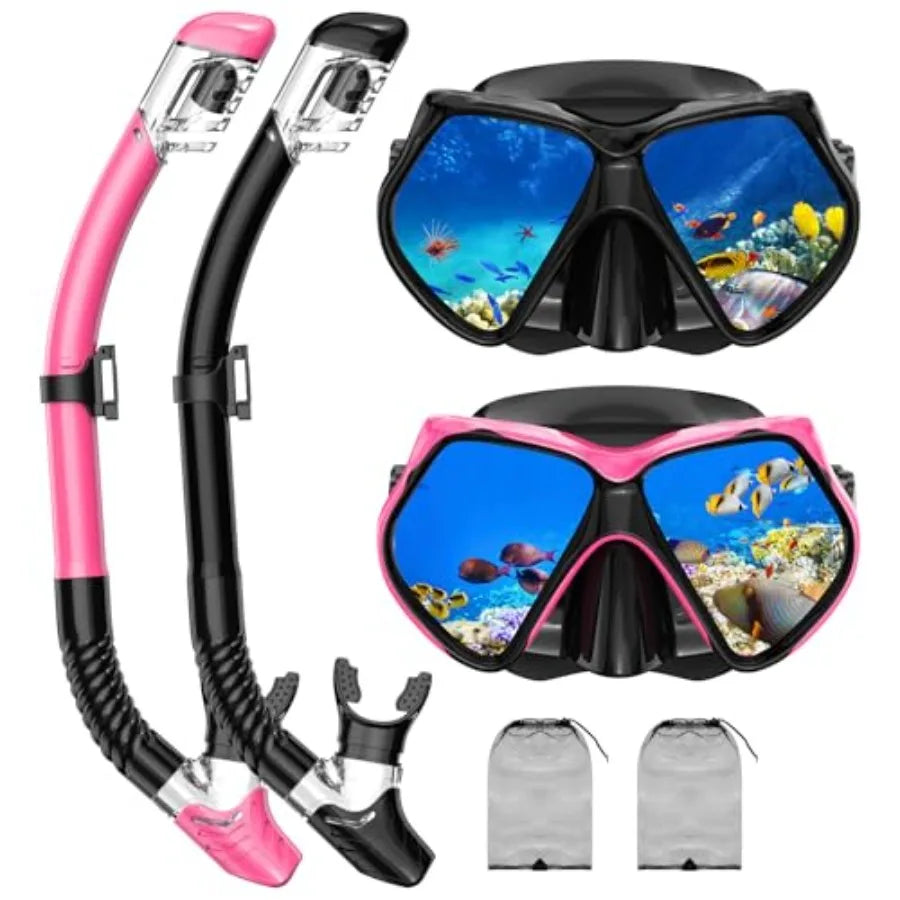 Snorkeling Gear for Adults, Snorkel Set Scuba Diving mask Dry-Top, Adult Swimming Goggles w/Nose Cover, HD Tempered Glass Panor