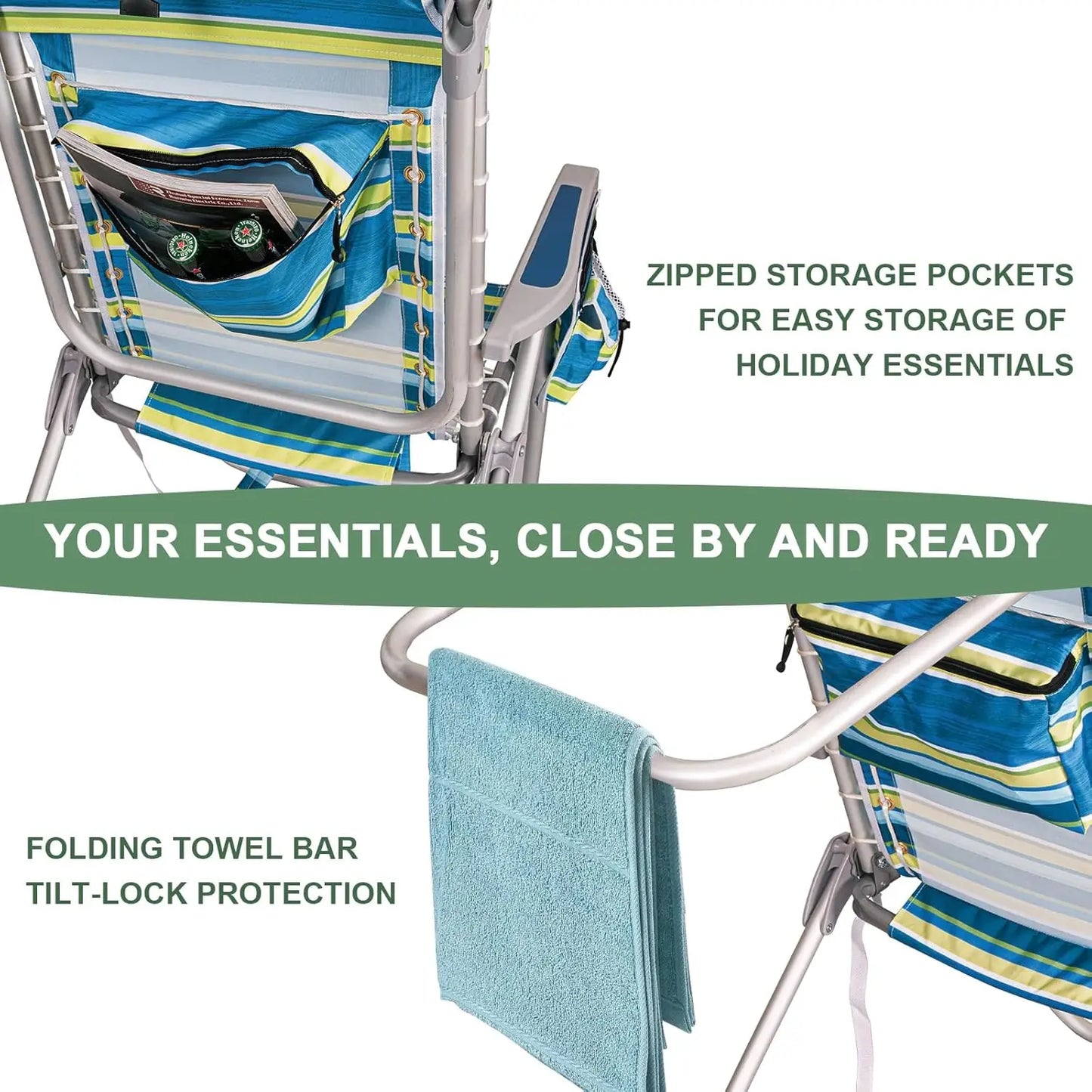 Extra Wide Tall Beach Chair 17" Seat Backpack Cooler Cup Holder 5-Position Recline Towel Bar Pocket Striped, Custom
