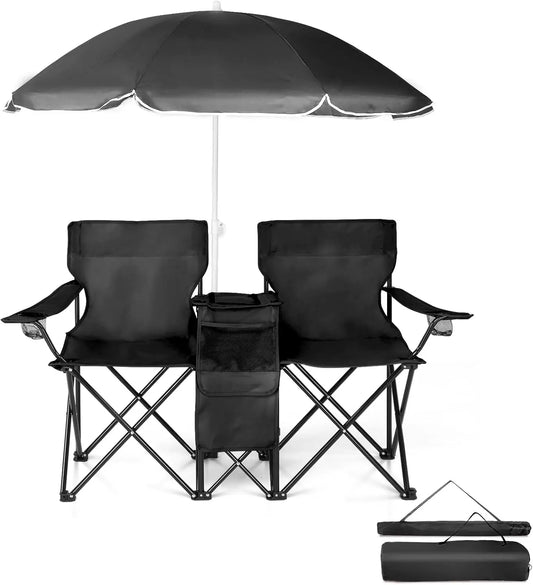 Folding Double Camping Chair with Umbrella, Cooler, Cup Holders, and Carrying Bag for Beach Patio Pool Park Outdoor