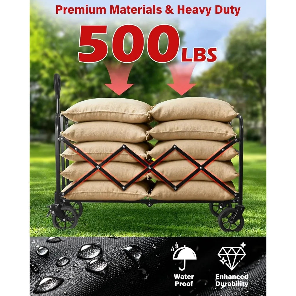 Collapsible Wagons Carts Foldable Wagon, 500LBS Wagon Cart Foldable Heavy Duty with Brakes & All-Terrain Wheels, Large Collapsible Folding Wagons for Beach Camp Sports Grocery, Portable (Black)