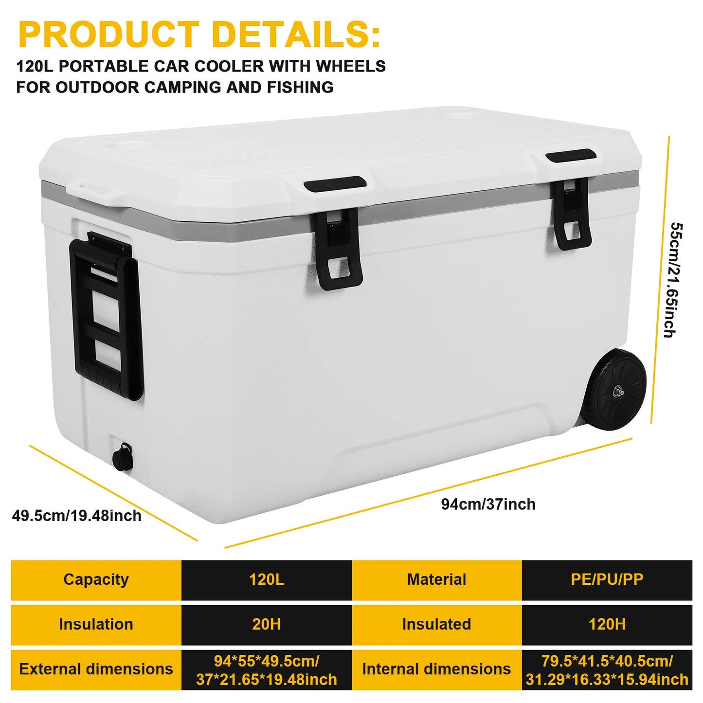 120L Portable Rolling Cooler with Wheels Hard Plastic Rotomolded Cooler Leak-Resistant Large Capacity for Beach/Drink/Beverage