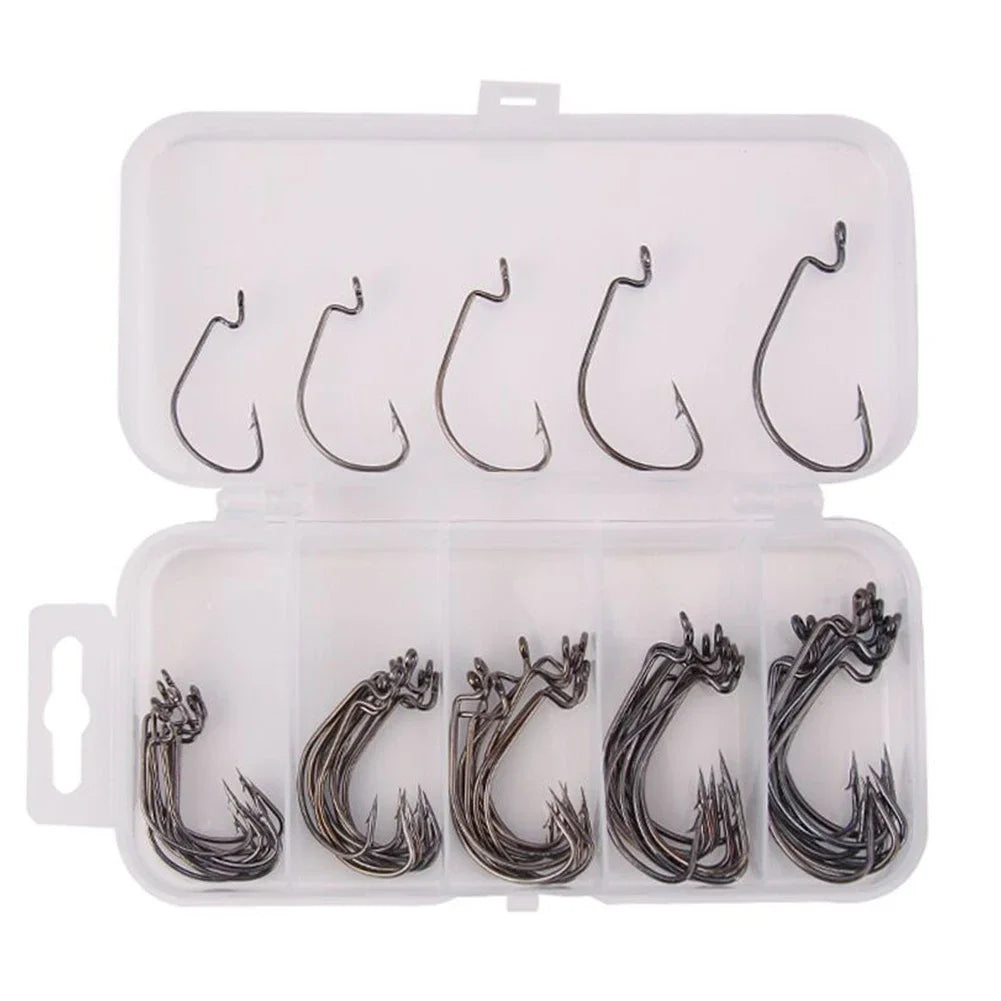 50 Pcs/Box Wide  Offset Fishhook High Carbon Steel Wide Worm Hook Bass Barbed Carp Fishing Hook for Soft Worm Jig Mold Hooks