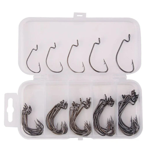50 Pcs/Box Wide  Offset Fishhook High Carbon Steel Wide Worm Hook Bass Barbed Carp Fishing Hook for Soft Worm Jig Mold Hooks