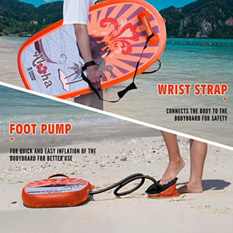 Inflatable Bodyboard - Beach Surf Board - Ultra Lightweight PVC Core Body Board for Beach and Pool, with Wrap Wrist Straps, Fol
