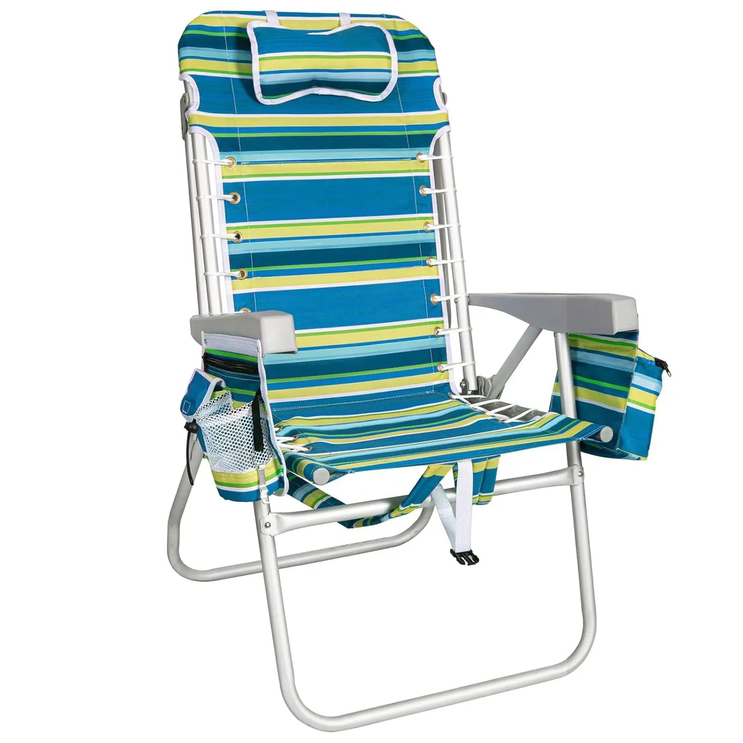 Extra Wide Tall Beach Chair 17" Seat Backpack Cooler Cup Holder 5-Position Recline Towel Bar Pocket Striped, Custom