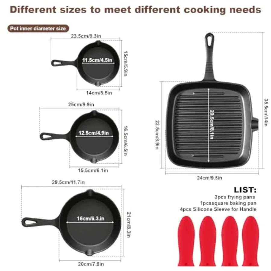 Pre-Seasoned Cast Iron Skillets, 4-Piece Durable Cookware Set in Black with Heat-Resistant Handle Covers for Grill, BBQ, Campin