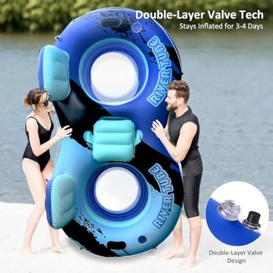Heavy Duty Double River Tube, 2-Person Inflatable Floating Tube with Backrest, 2 Cup Holders, Handles, Oversized Inflatable Poo