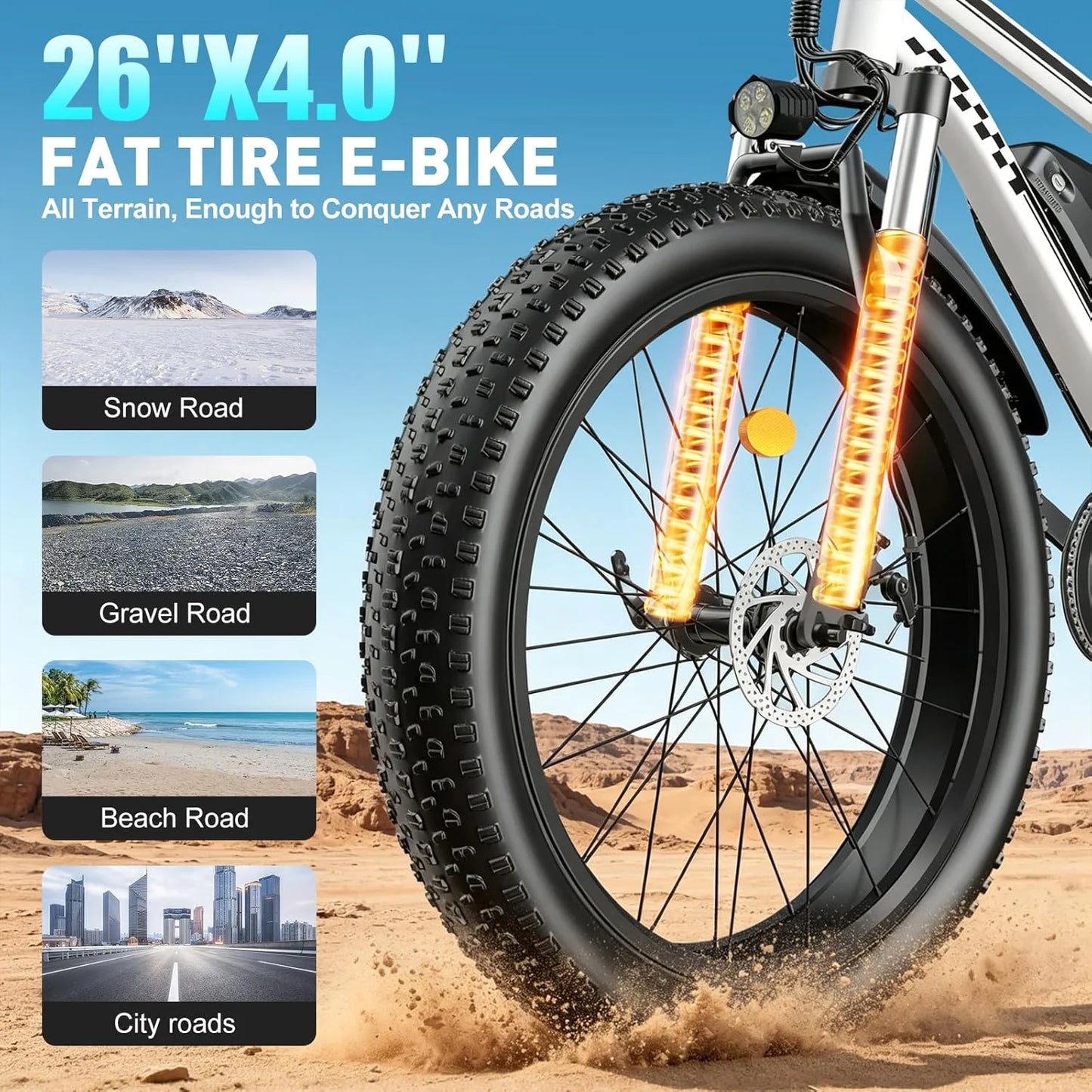 OBX Electric Bike for Adults 1500W Peak Motor 31MPH Fast Speed 48V 15Ah Battery 26" Fat Tire Mountain Ebike 360lbs Max Load Aluminum