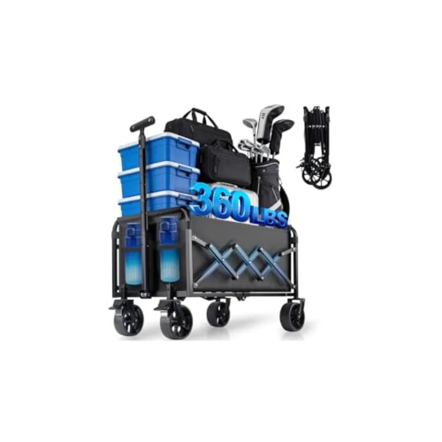 Collapsible Wagon Cart Foldable with Wheels - Heavy Duty Portable Folding Utility Shopping Cart with 360° Swivel Brakes Wheels