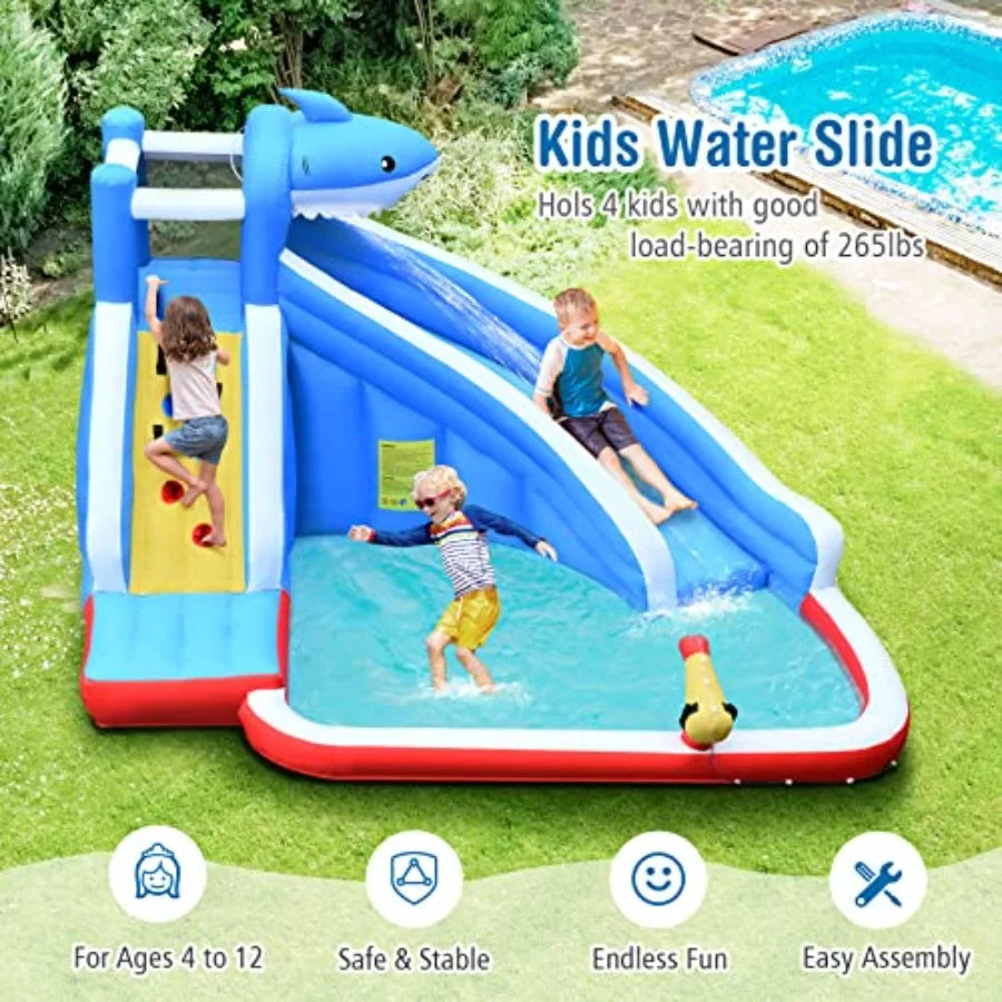 Inflatable Water Slide Shark Theme Blow Up Water Park Bounce House for Backyard Climbing Wall Indoor Outdoor Waterslides Inflat