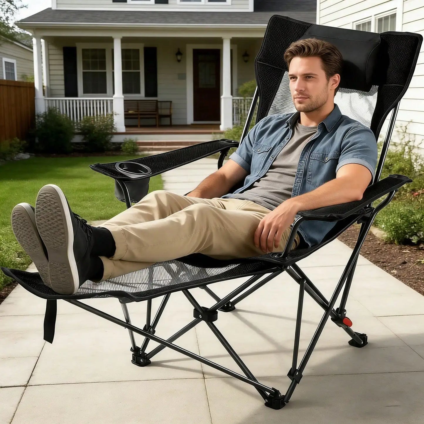 Oaskys 2-In-1 Reclining Camping Chair With Footrest, Portable Folding Lounger For Adults, Mesh Beach Chair With Headrest & Foot