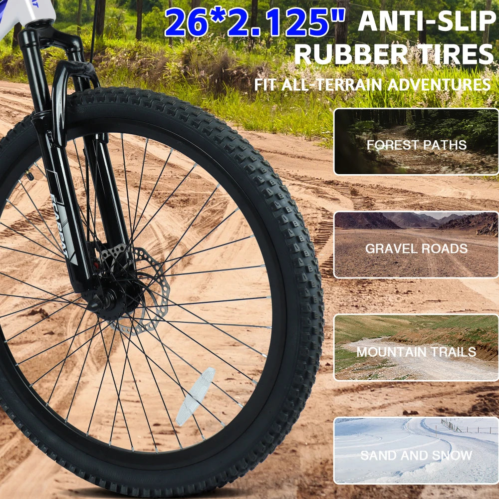 A2670 26 Inch Mountain Bike with 21-Speeds & Full Suspension Steel Frame, Alloy Rims, Disc Brakes For All Terrains, Men & Women, Multiple Colors