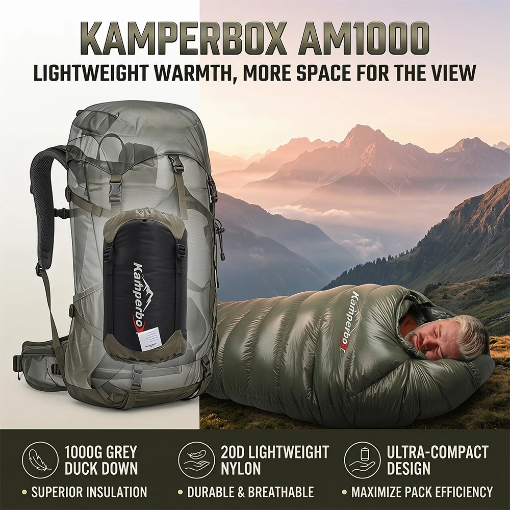 Kamperbox AM1000 Sleeping Bag 1000g Grey Down Filling 20D Nylon Shell Polyester Pongee Lining Portable Warm Camping Sleeping Bag for Outdoor Travel