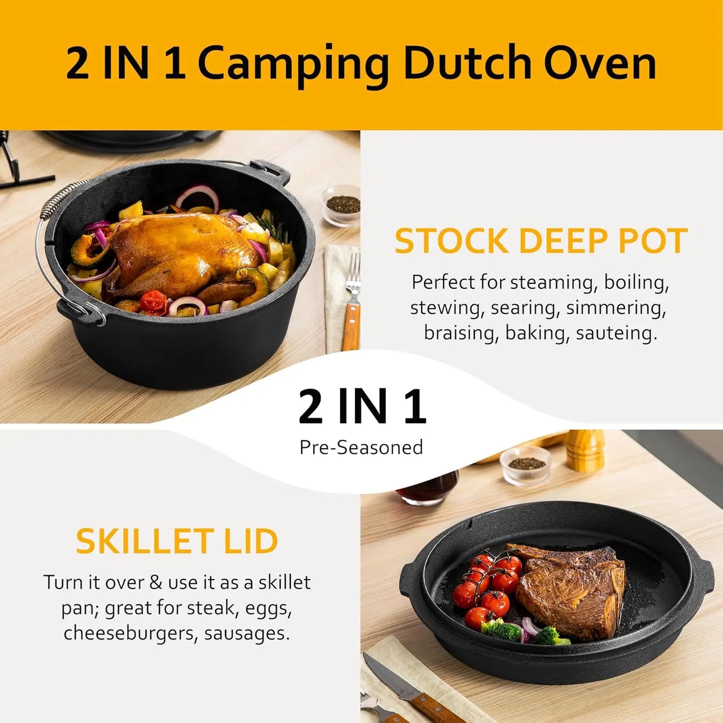 10QT Cast Iron Camping Dutch Oven, Pre-Seasoned with Lid, for Stove, Grill, Oven or Campfire, Metal Handle & Lid Lifter Included