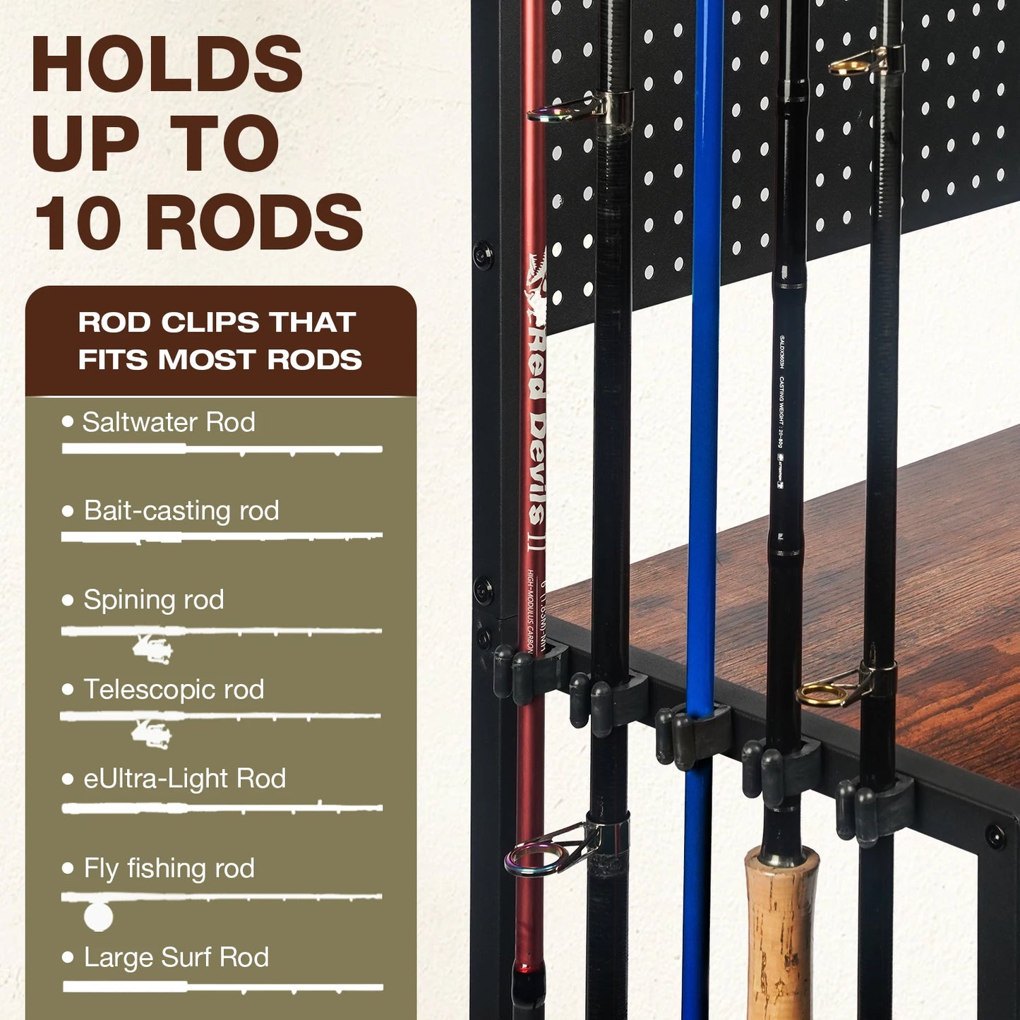 Backplate Iron-Wood Fishing Rod Rack, Multi - Layer Storage, Rolling Cart, Ideal for Fishing Gear Organization