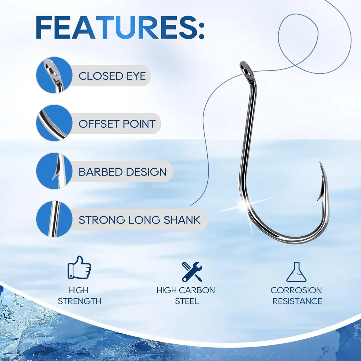 Octopus Fishing Hooks, High Carbon Steel, Offset Circle, for Saltwater Freshwater, Size 1/0-5/0, 50pcs