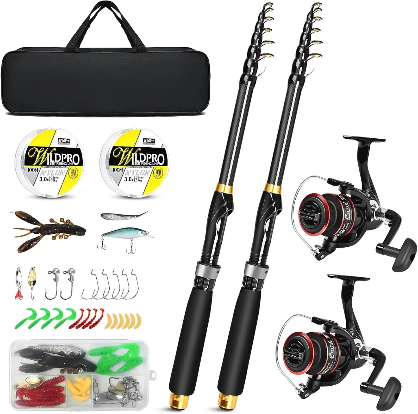 6.89ft Fishing Rod and Combo, 2PCS Carbon Fiber Fishing Rod, Spinning Reels *2, Fishing Line *2