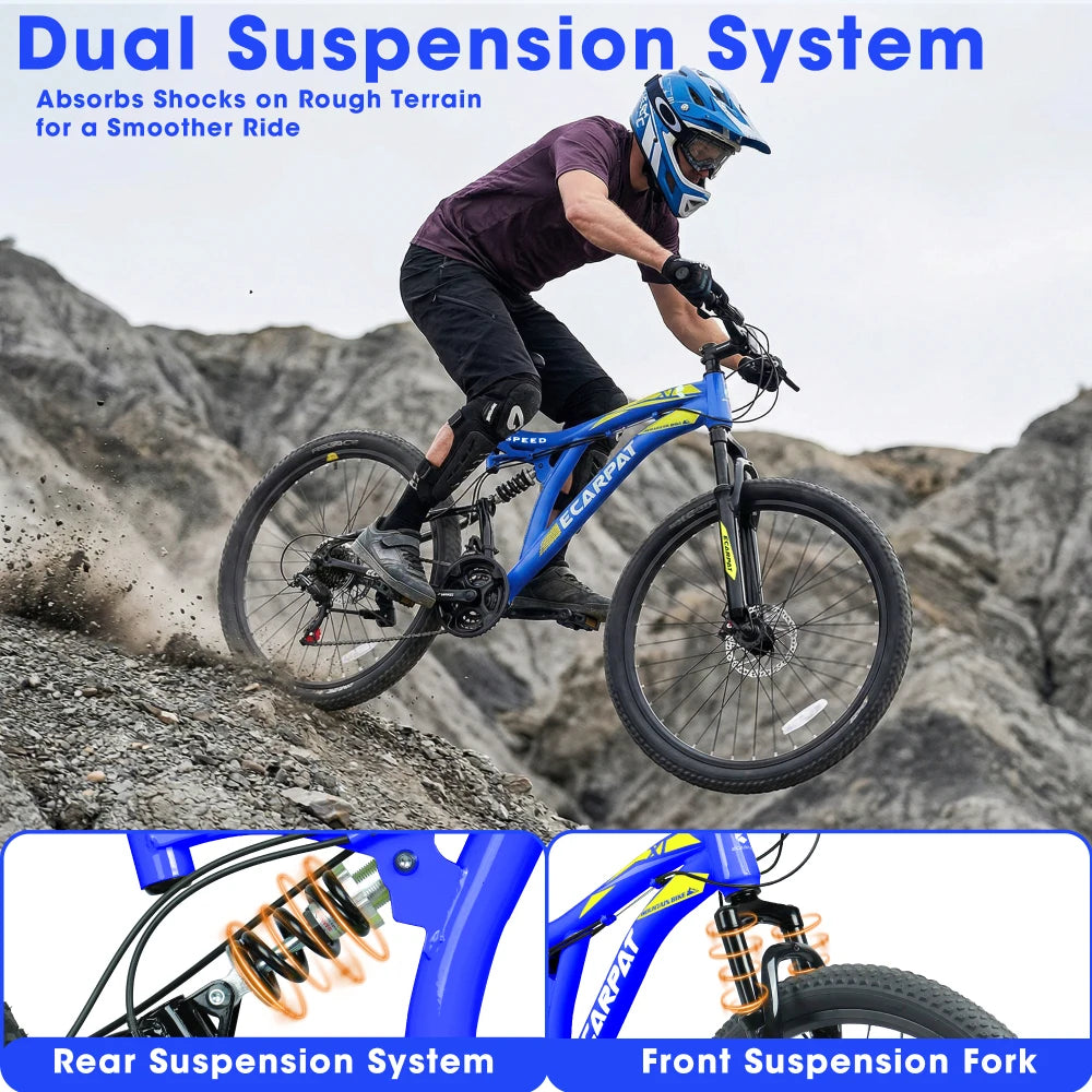 26 Inch Mountain Bike with 21-Speeds & Full Suspension Steel Frame, Alloy Rims, Disc Brakes For All Terrains, Men & Women, Multiple Colors