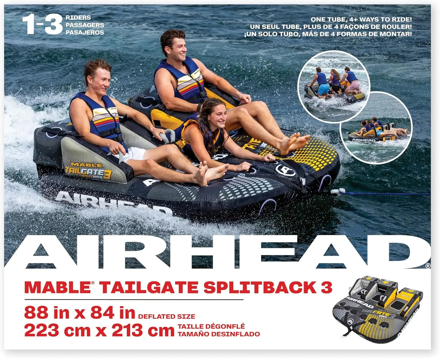 Airhead Mable Towable Tube for Boating, 1-4 Rider Inflatable Boat Tube for Water Tubing, Heavy Duty Full Nylon Cover, EVA Foam Pads, Dual Tow Point, Patented Speed Safety Valve