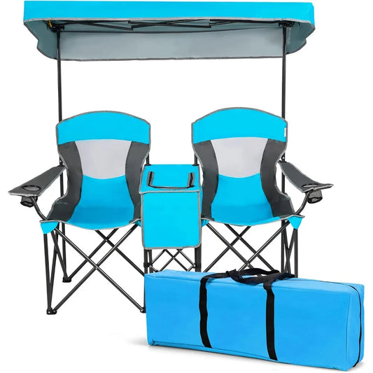 Double Camping Chair with Canopy, 2 Person Folding Beach Chair with Canopy Shade, Table Beverage Holder and Storage Bag, Double